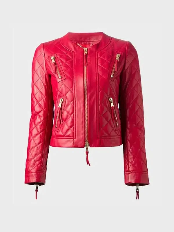 Women's Quilted Red Leather Jacket