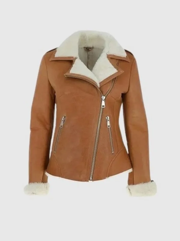 Women Tan Brown Shearling Leather Jacket